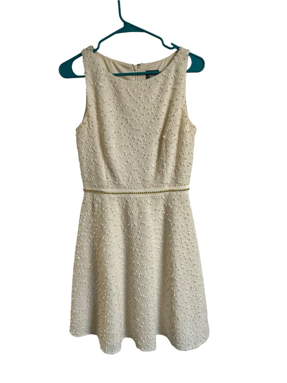 Vince Camuto Ivory Textured Sleeveless Fit-and-Flare Dress with Gold Chain Waist
